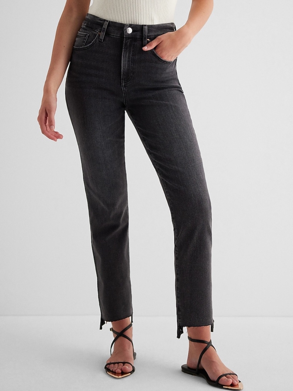 Express High-Waisted Washed Black Raw Hem FlexX Straight Ankle Jeans
